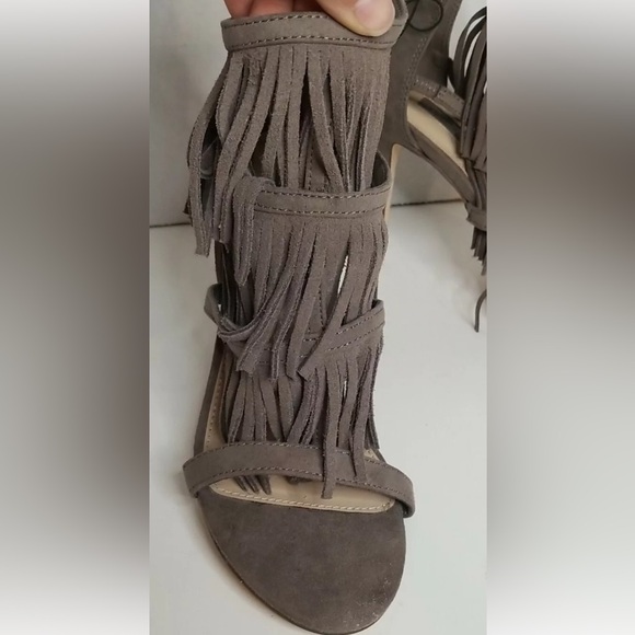 Taupe "Radiohead" Faux Suede Fringe Open Toe Heeled Sandals - Picture 10 of 12